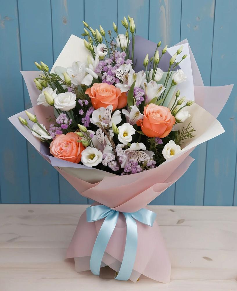 Букет цветов из: Лизиантусы, Розы, Альстромерии и Гипсофила в Холбоне